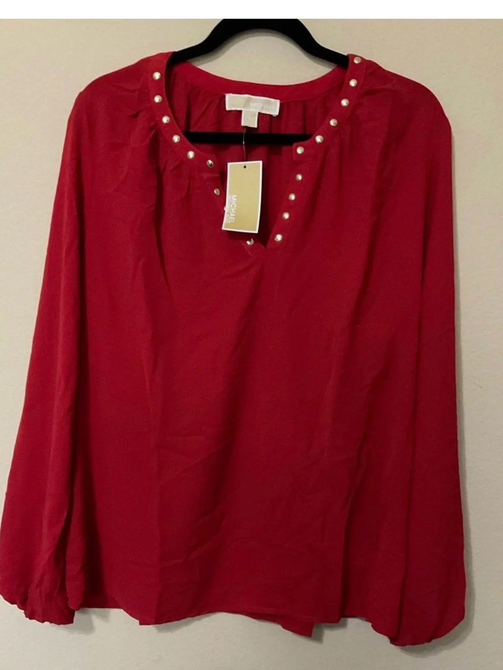 Michael Kors Red Pearl-Accent Long Sleeve Blouse